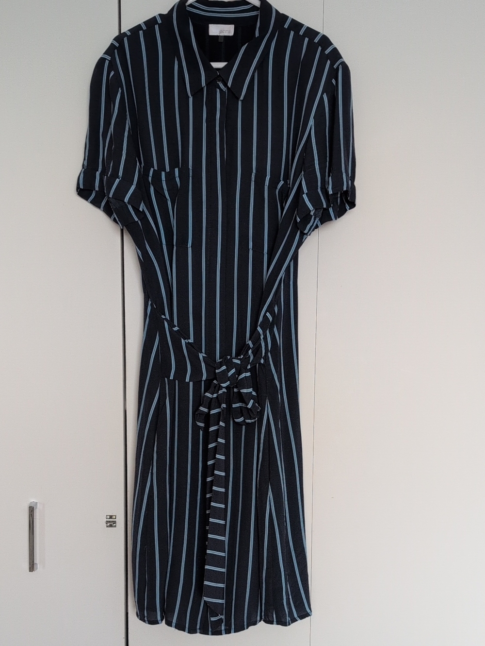 ecru Navy Midi Shirt Dress with Light Blue Stripes and Tie Waist